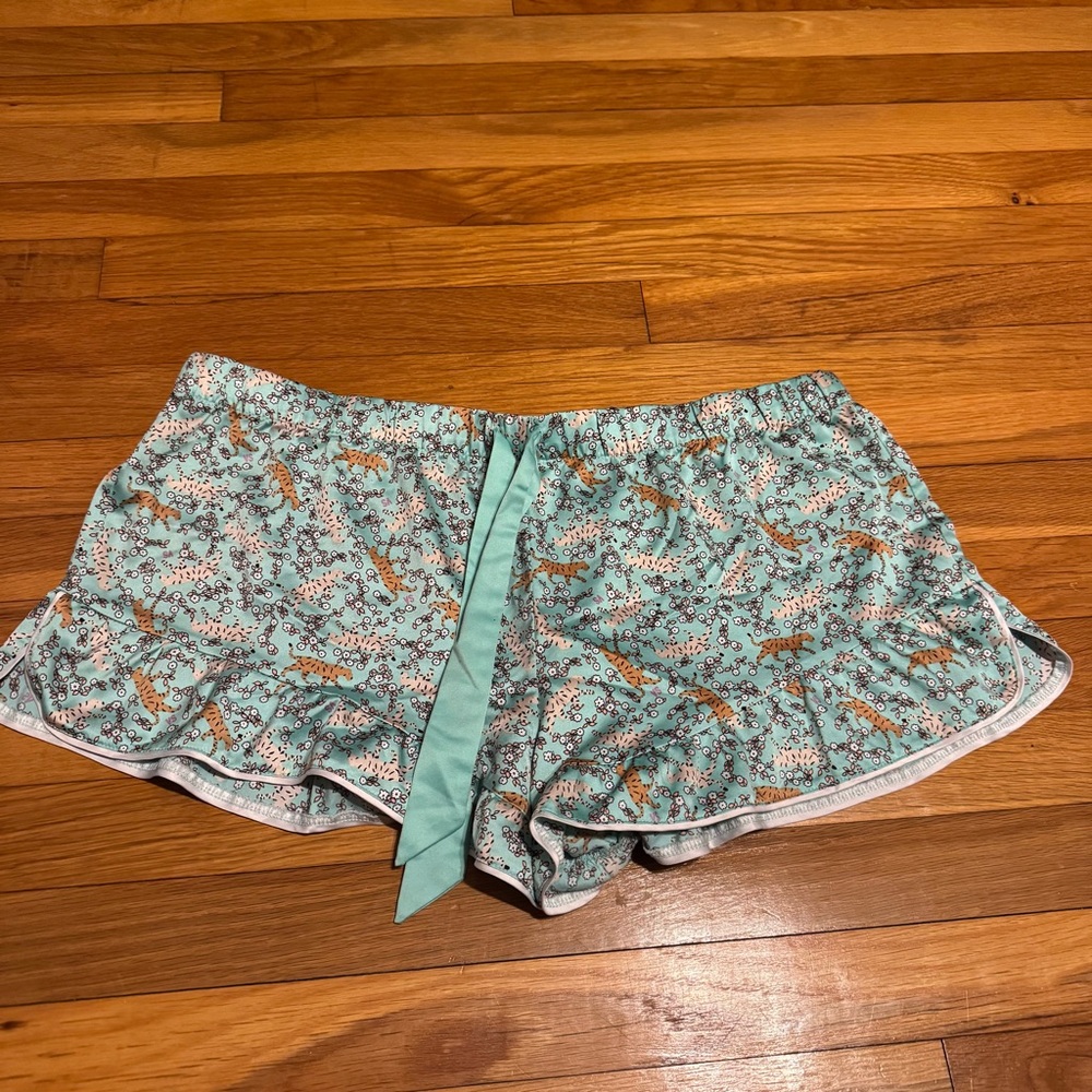 victoria’s secret satin teal ruffle sleep shorts with tiger design